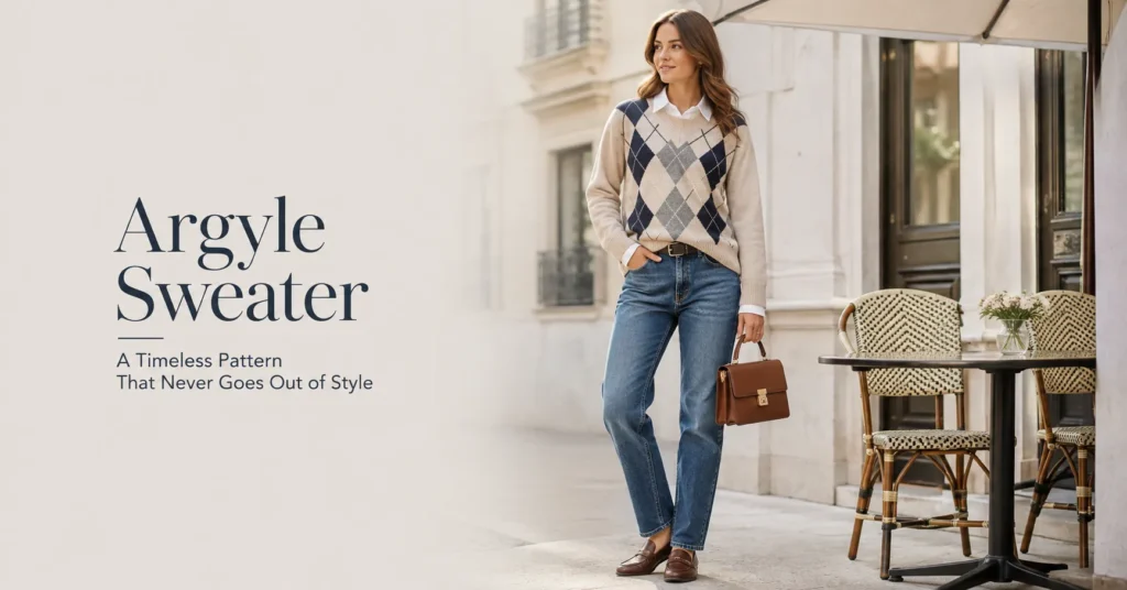 Argyle Sweater fashion blog hero image featuring a timeless diamond-pattern knit styled for a modern classic wardrobe