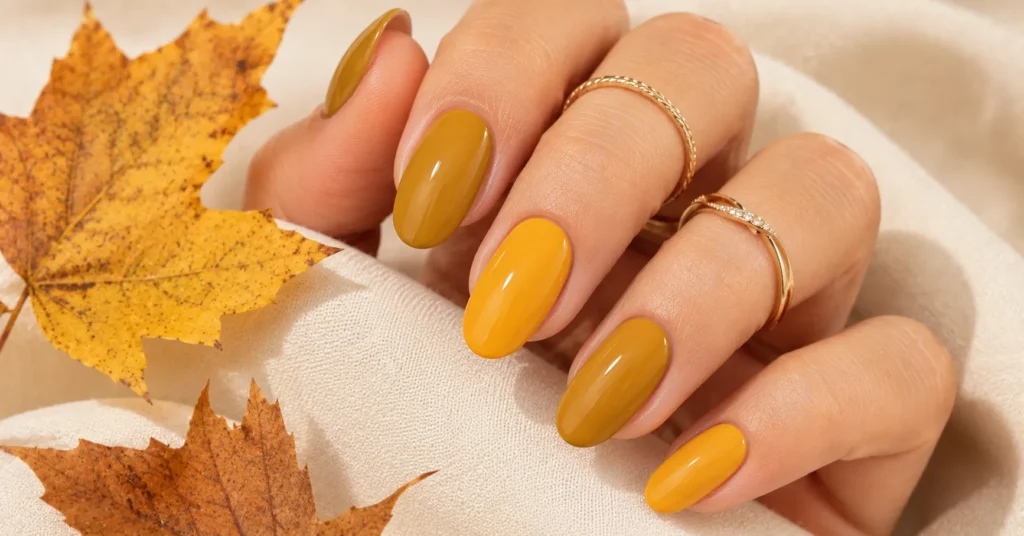 Yellow Nail Colour: Best Bright Nail Designs That Instantly Stand Out 17 Autumn Yellow Nail Colour featuring mustard and golden manicure