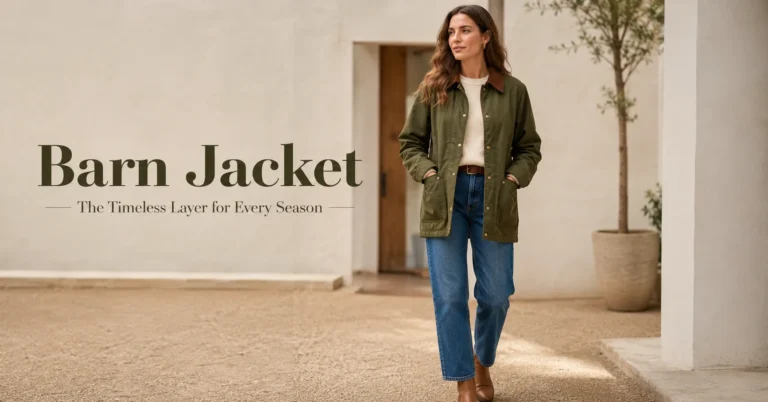 Barn Jacket fashion blog hero image featuring a modern woman styling a classic barn jacket with timeless casual layers in bright daylight.