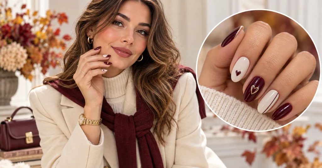 Preppy Nails: 12 Stunning & Gorgeous Ideas to Try 9 Burgundy and cream Preppy Nails with sophisticated classic accents