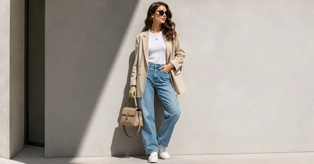 Outfit Ideas: Stylish Looks for Work, Weekends, and Special Events 4 Casual chic Outfit Ideas with blazer, jeans, sneakers, and modern everyday accessories.