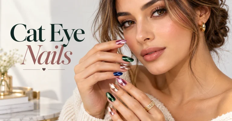 Cat Eye Nails with elegant multidimensional magnetic shimmer in a premium fashion beauty editorial