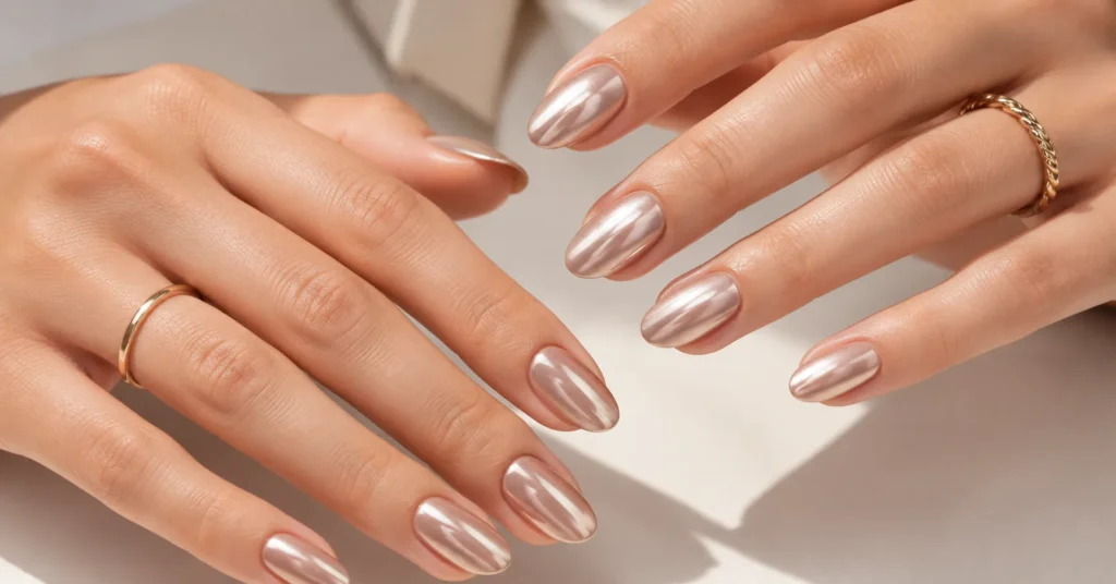 Nude Nails: The Timeless Elegance Every Woman Deserves 5 Chrome Nude Nails with elegant glossy metallic finish
