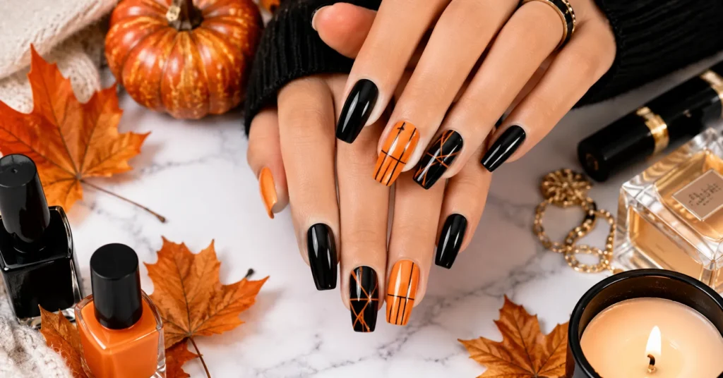 Halloween Nails: The Best Cute, Elegant & Spooky Nail Ideas 3 Classic Black and Orange Halloween Nails with elegant glossy seasonal manicure