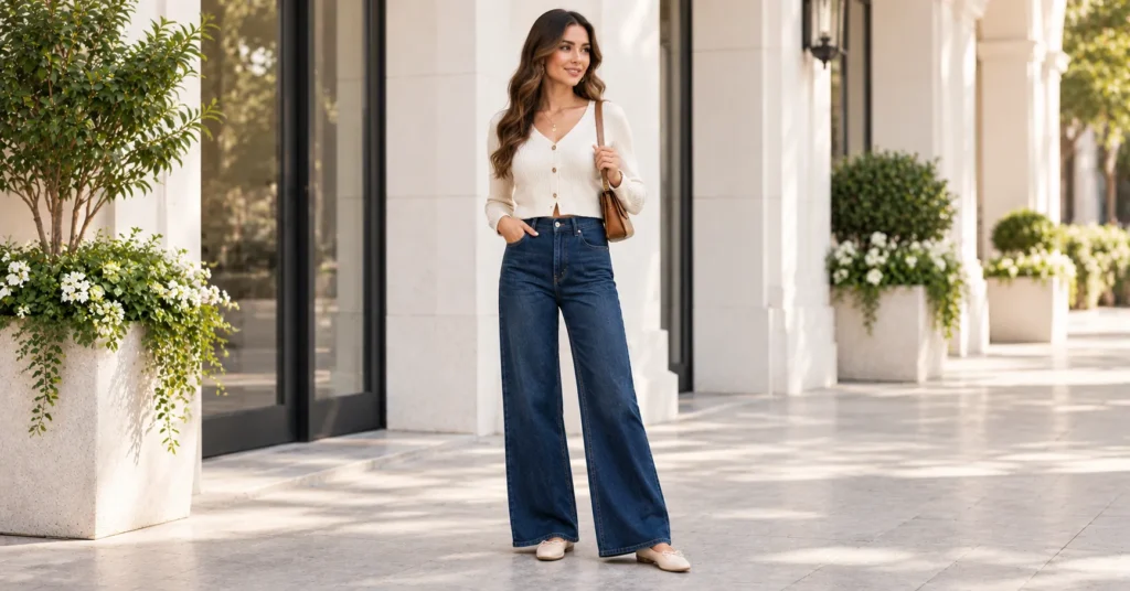 Dark Blue Jeans Outfit Ideas with a cropped cardigan