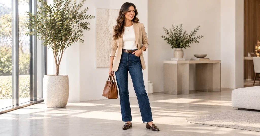 Dark Blue Jeans Outfit Ideas with a tailored blazer