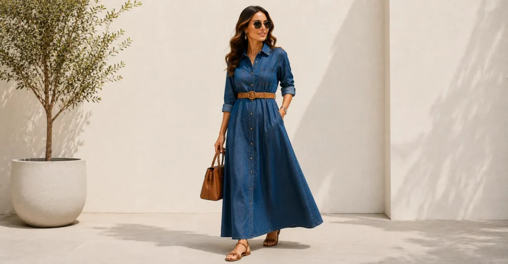 Denim Dress Clothes: The Effortless Blend of Style, Comfort, and Confidence 7 Denim Dress Clothes featuring an elegant women's maxi denim dress