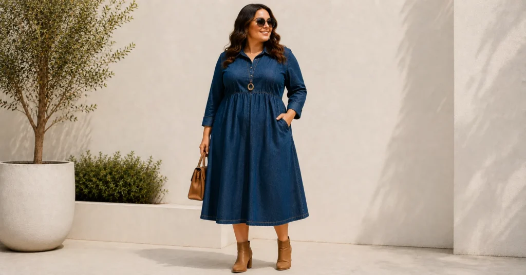Denim Dress Clothes: The Effortless Blend of Style, Comfort, and Confidence 9 Denim Dress Clothes for women with pear-shaped body styling