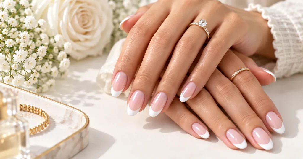 10 Stunning French Tip Nails Ideas for a Chic, Timeless Look 3 Classic French Tip Nails with crisp white tips and a natural nude-pink base.
