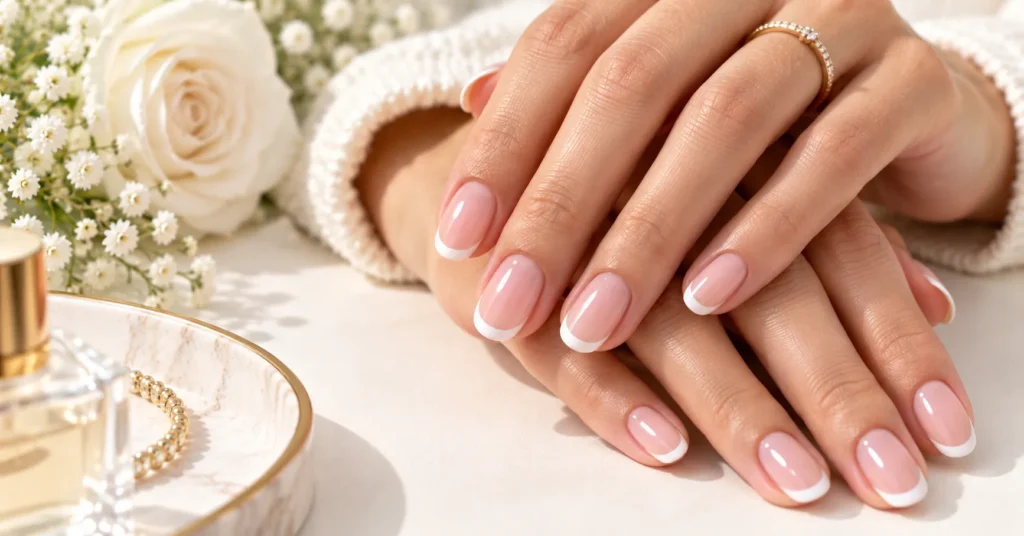 10 Stunning French Tip Nails Ideas for a Chic, Timeless Look 4 Micro French Tip Nails with ultra-thin white tips on elegant adult female hands.