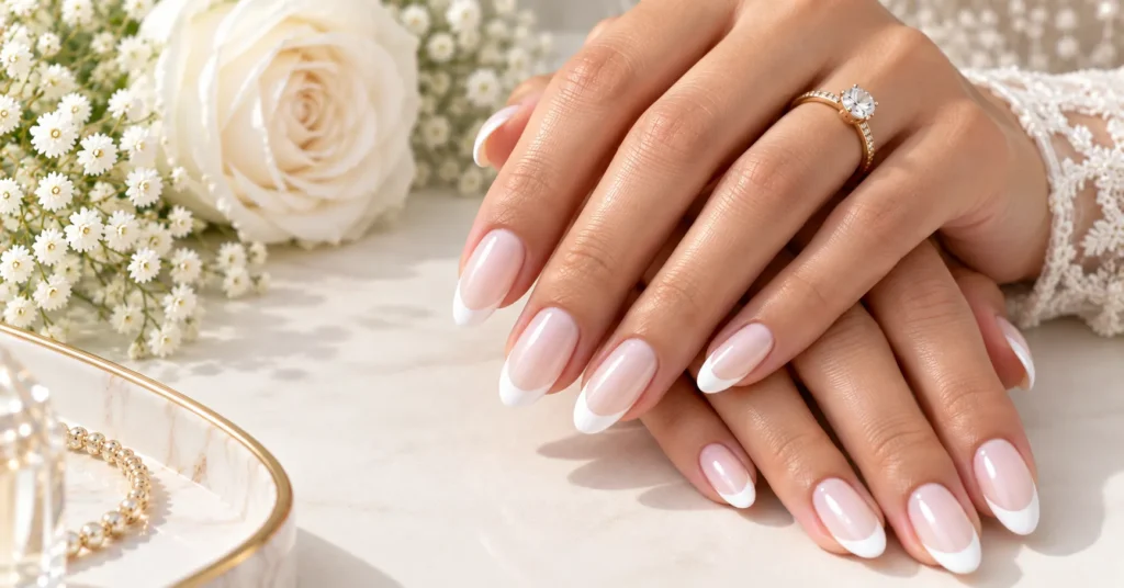 10 Stunning French Tip Nails Ideas for a Chic, Timeless Look 5 French Tip Nails with a soft milky white base on adult female hands.