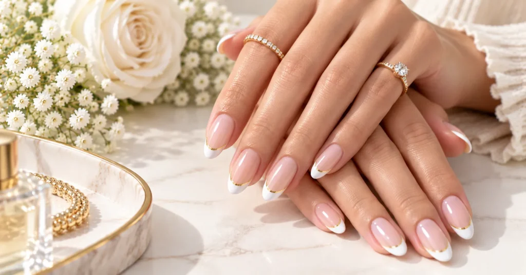 10 Stunning French Tip Nails Ideas for a Chic, Timeless Look 6 French Tip Nails with delicate gold accents and a glossy nude base.
