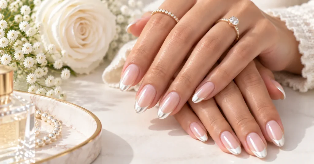 10 Stunning French Tip Nails Ideas for a Chic, Timeless Look 7 Chrome French Tip Nails with luminous pearl-white reflective tips.