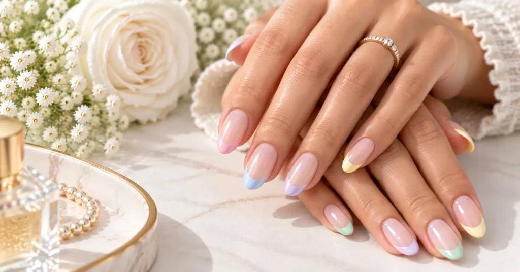 10 Stunning French Tip Nails Ideas for a Chic, Timeless Look 8 Colorful French Tip Nails with soft pastel tips on adult female hands.