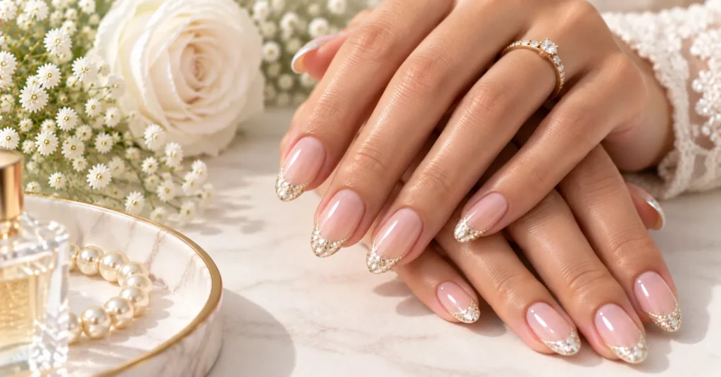 10 Stunning French Tip Nails Ideas for a Chic, Timeless Look 9 Glitter French Tip Nails with delicate champagne sparkle on adult female hands.