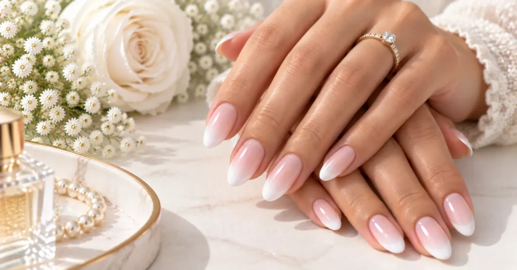 10 Stunning French Tip Nails Ideas for a Chic, Timeless Look 10 French Tip Nails with a soft blush pink and white ombre gradient.