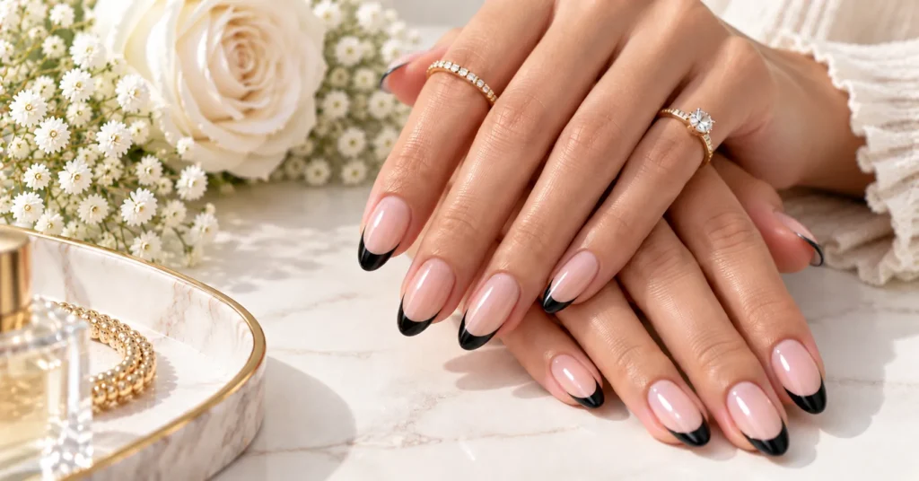 10 Stunning French Tip Nails Ideas for a Chic, Timeless Look 11 Black French Tip Nails with a glossy nude base on adult female hands.