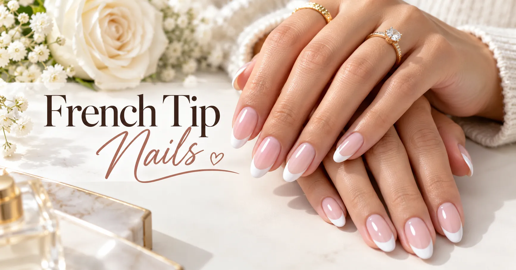 French Tip Nails with classic white tips on elegant adult female hands.