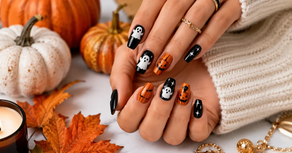 Halloween Nails: The Best Cute, Elegant & Spooky Nail Ideas 4 Ghost and Pumpkin Art Halloween Nails with playful seasonal nail designs.