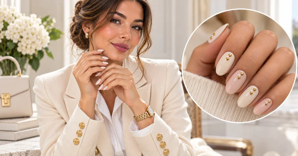Preppy Nails: 12 Stunning & Gorgeous Ideas to Try 12 Gold button Preppy Nails with elegant cream and nude polish