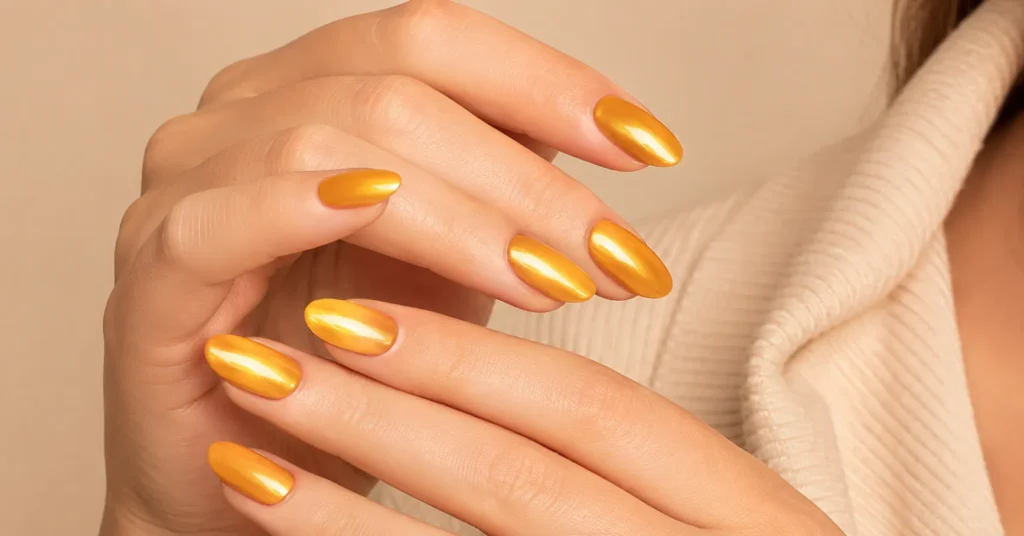 Yellow Nail Colour: Best Bright Nail Designs That Instantly Stand Out 7 Golden Yellow Nail Colour with luxurious glossy manicure