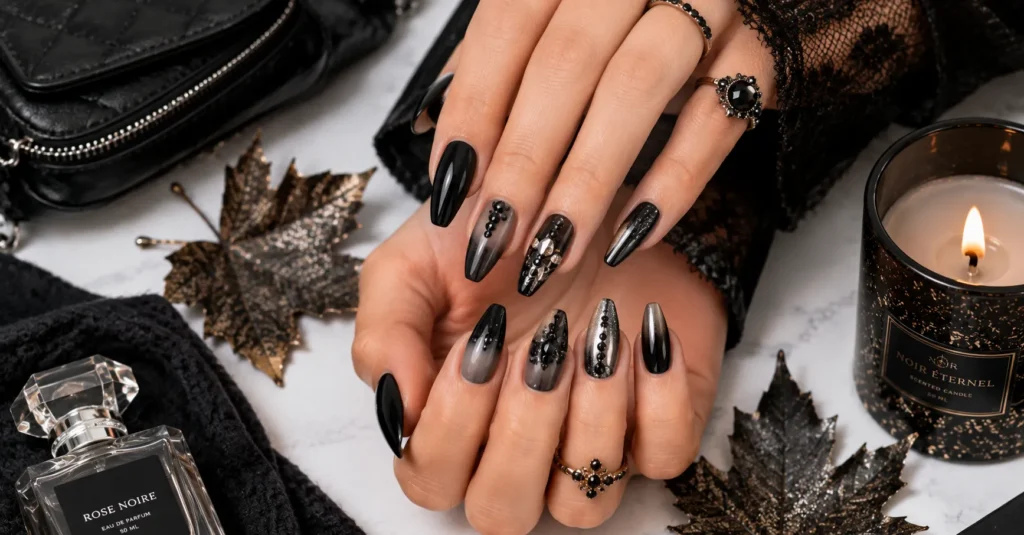 Halloween Nails: The Best Cute, Elegant & Spooky Nail Ideas 6 Gothic Glamour Halloween Nails with elegant black manicure inspiration