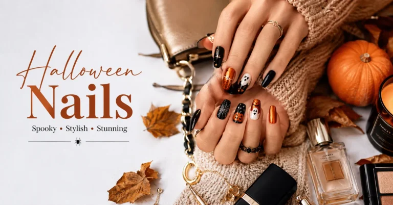 Halloween Nails fashion blog hero image featuring elegant seasonal manicure ideas with stylish black and orange nail art