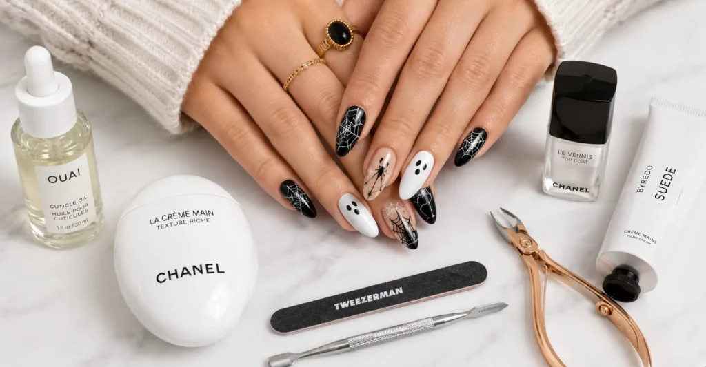Halloween Nails: The Best Cute, Elegant & Spooky Nail Ideas 9 Halloween Nails manicure care routine with essential nail maintenance products