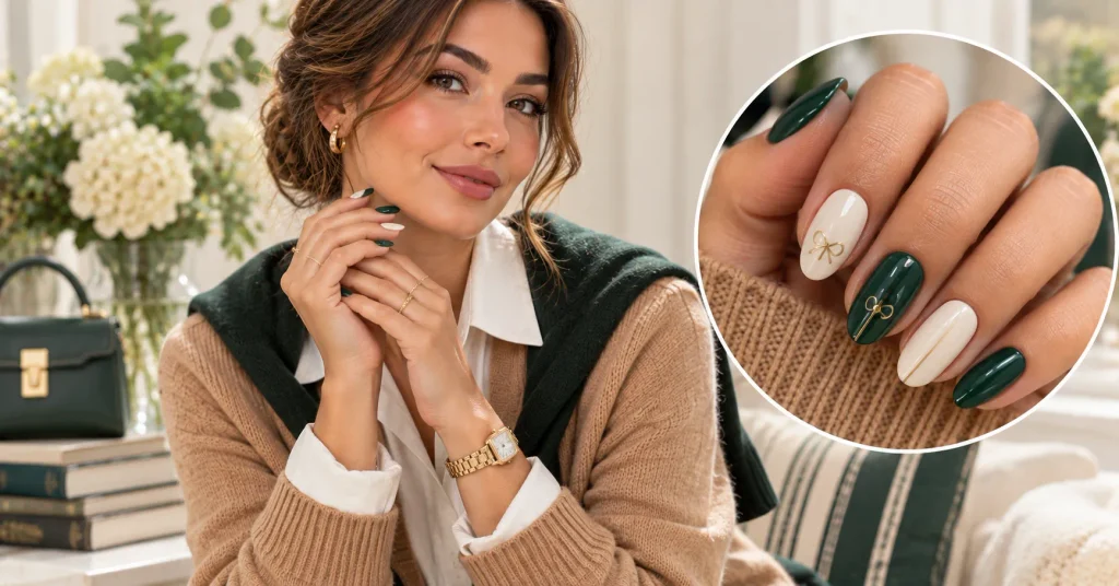 Preppy Nails: 12 Stunning & Gorgeous Ideas to Try 10 Ivy green and cream Preppy Nails with delicate gold accents