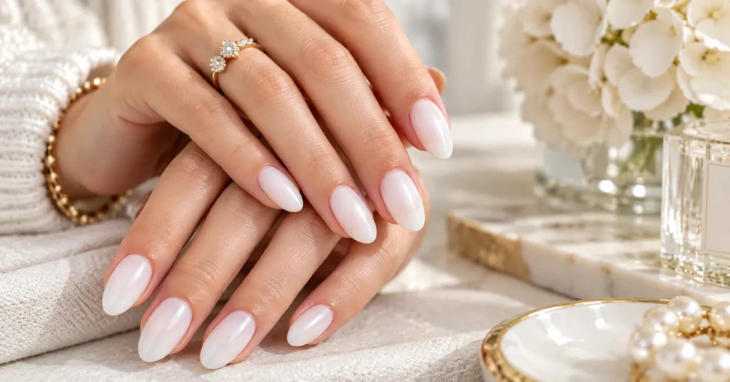 10 Stunning Milky White Nails Ideas for an Elegant, Timeless Look 3 Classic glossy Milky White Nails with a soft translucent finish and elegant oval shape.