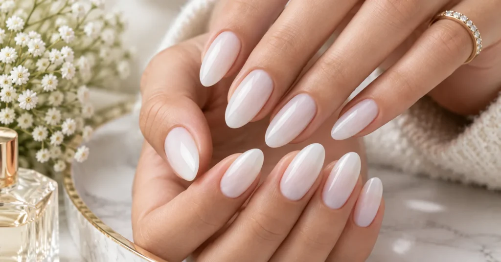 10 Stunning Milky White Nails Ideas for an Elegant, Timeless Look 12 Almond-shaped Milky White Nails with a glossy translucent creamy-white finish.