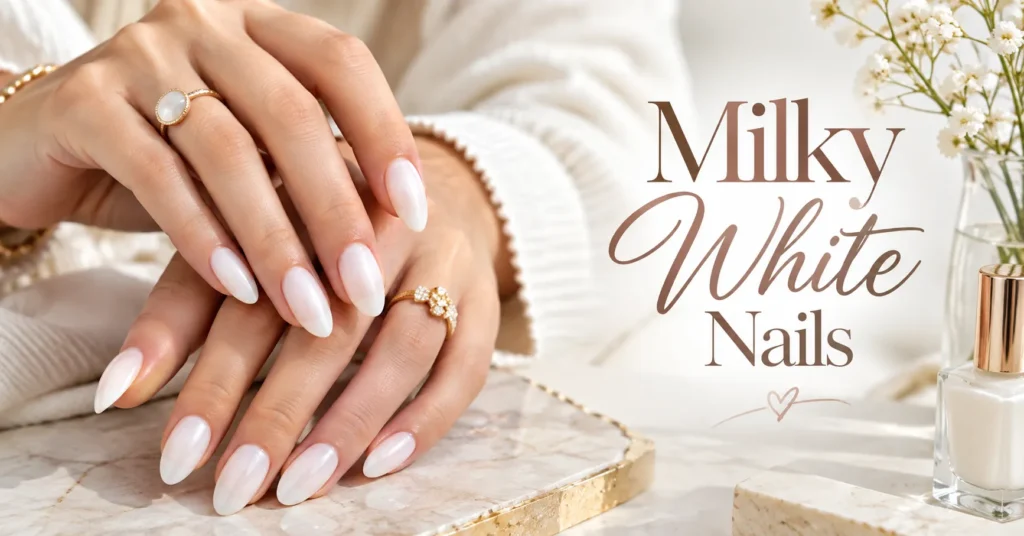 10 Stunning Milky White Nails Ideas for an Elegant, Timeless Look 1 Milky White Nails with a glossy translucent finish in a sophisticated minimalist manicure design.