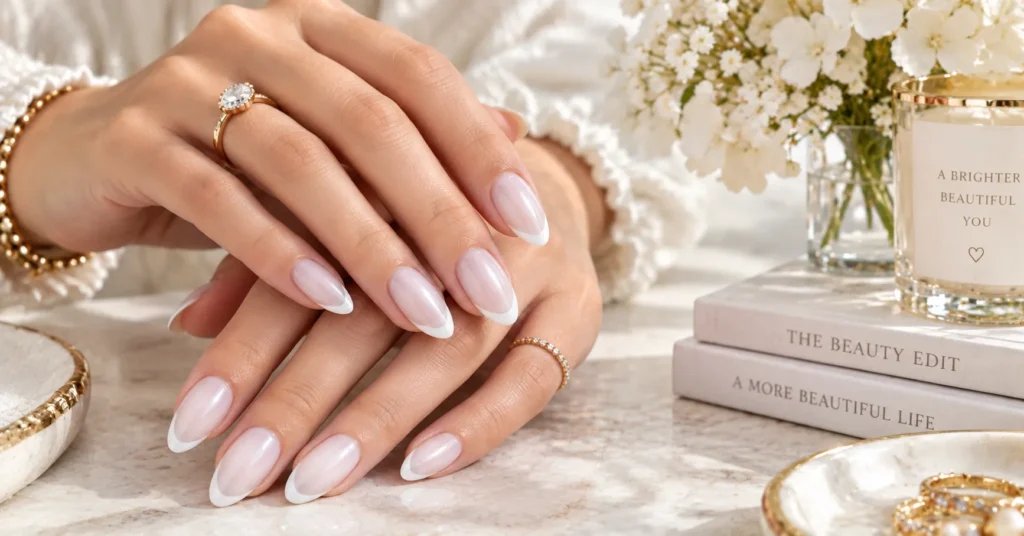 10 Stunning Milky White Nails Ideas for an Elegant, Timeless Look 4 Milky White Nails with delicate modern French tips on elegant almond-shaped nails.