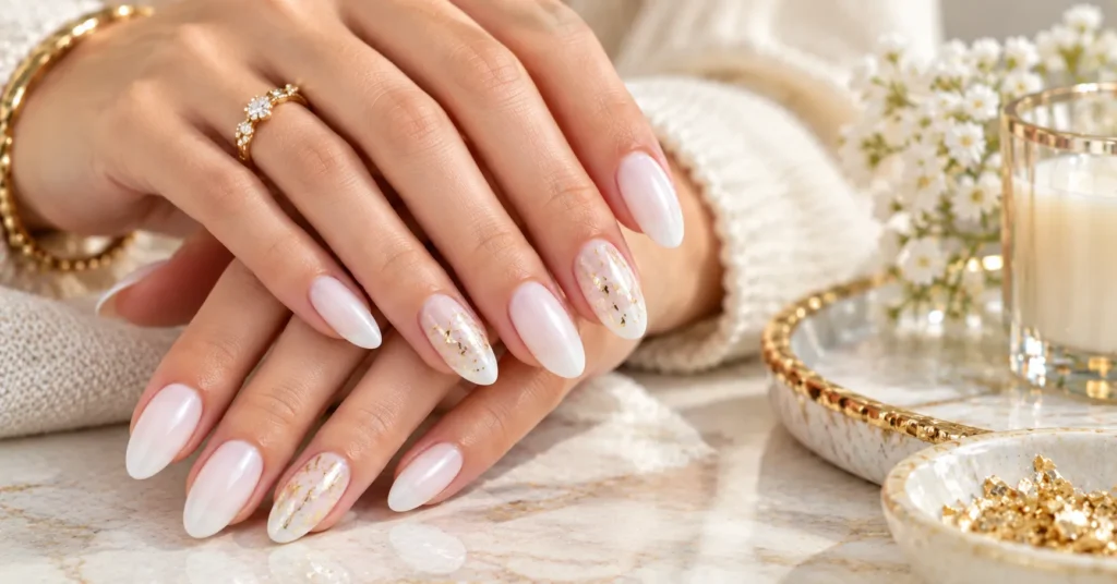 10 Stunning Milky White Nails Ideas for an Elegant, Timeless Look 5 Milky White Nails with Gold Flakes creating an elegant luxurious manicure.