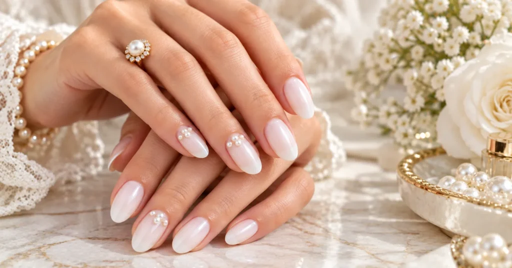 10 Stunning Milky White Nails Ideas for an Elegant, Timeless Look 6 Milky White Nails with delicate pearl accents for an elegant bridal-inspired manicure.