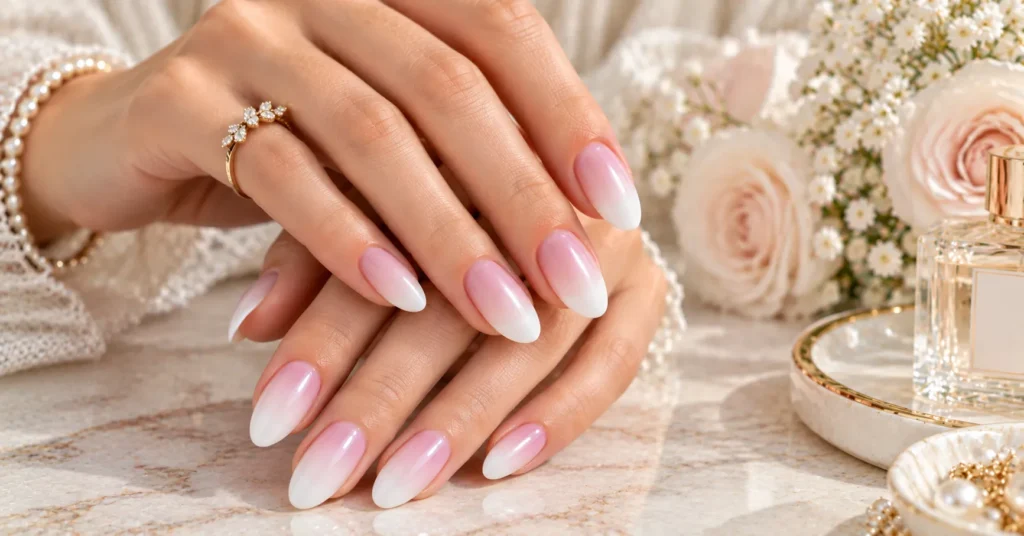 10 Stunning Milky White Nails Ideas for an Elegant, Timeless Look 7 Blush pink and Milky White Nails with a soft romantic ombre gradient.