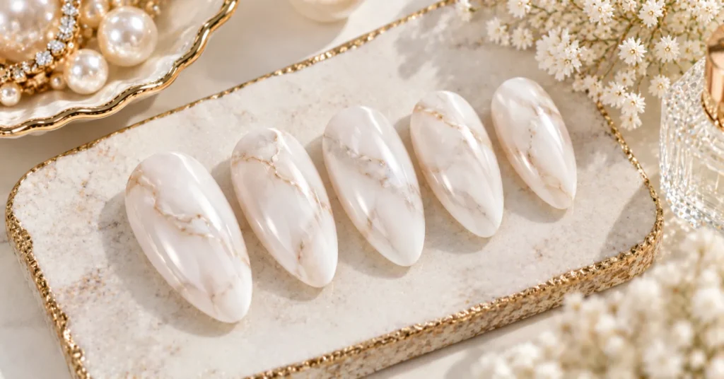 10 Stunning Milky White Nails Ideas for an Elegant, Timeless Look 9 Milky White Nails with delicate ivory and beige marble nail art.