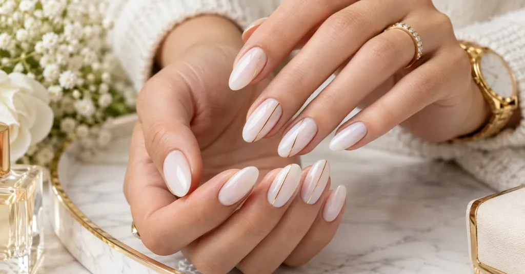 10 Stunning Milky White Nails Ideas for an Elegant, Timeless Look 10 Minimal Milky White Nails with delicate gold line accents and a glossy finish.