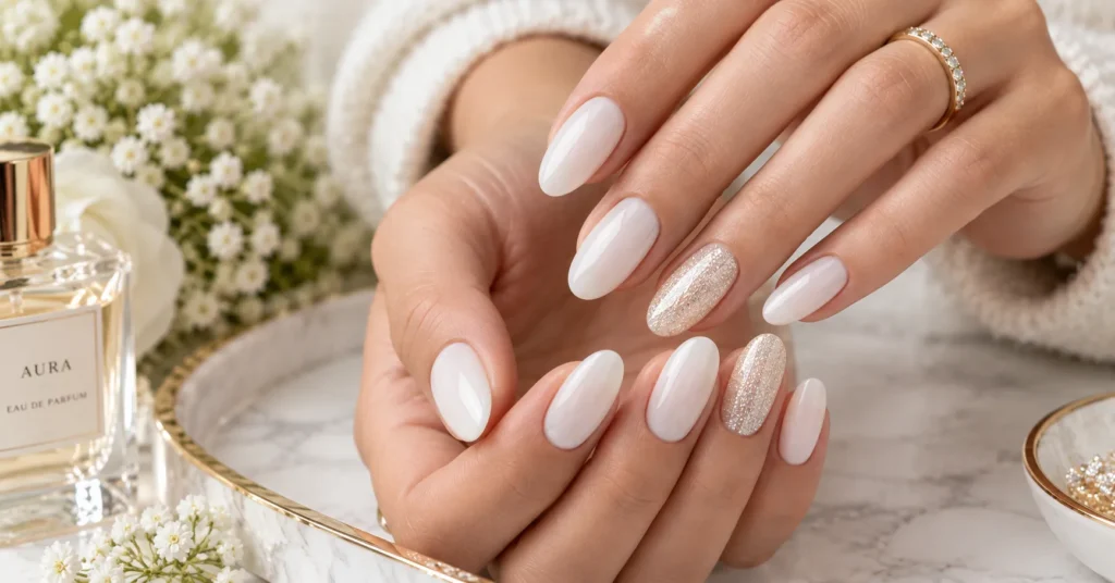 10 Stunning Milky White Nails Ideas for an Elegant, Timeless Look 11 Milky White Nails with subtle pearl glitter accent nails and a glossy finish.