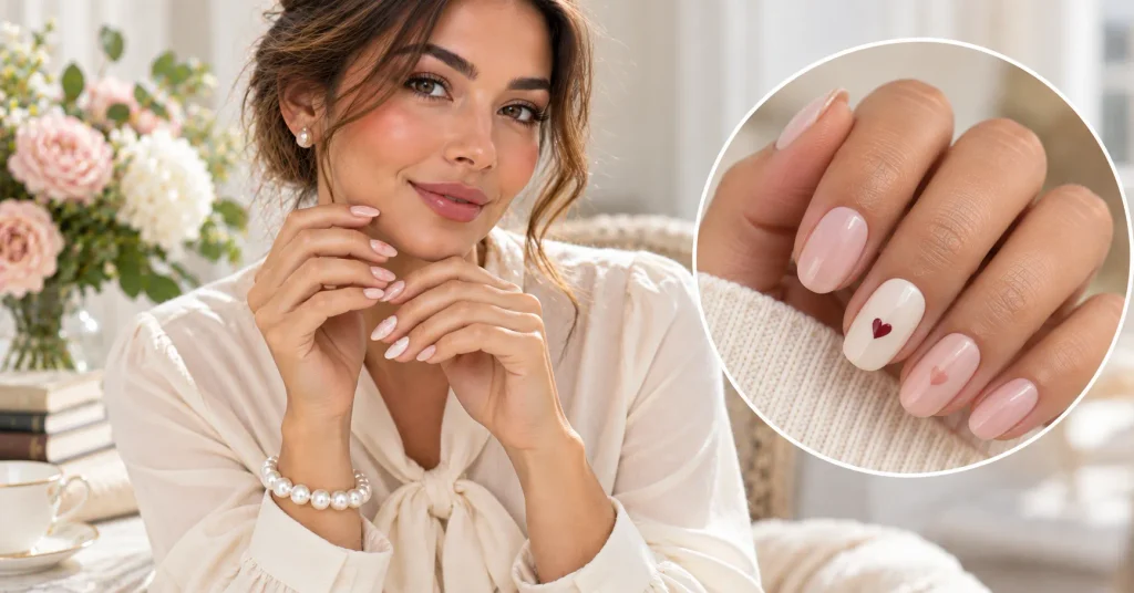 Preppy Nails: 12 Stunning & Gorgeous Ideas to Try 11 Minimalist heart Preppy Nails in soft pink, nude, and cream shades
