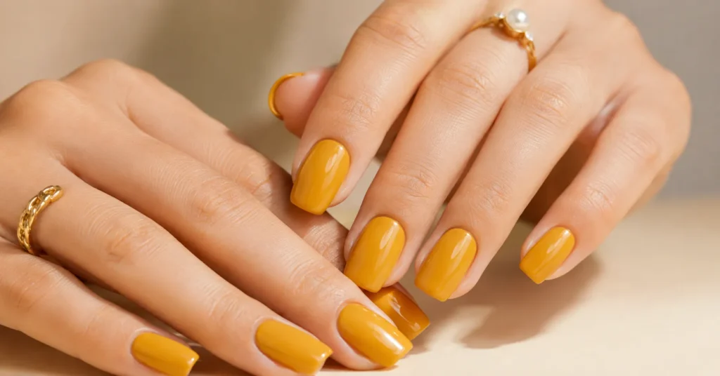Yellow Nail Colour: Best Bright Nail Designs That Instantly Stand Out 5 Mustard Yellow Nail Colour with elegant warm autumn style