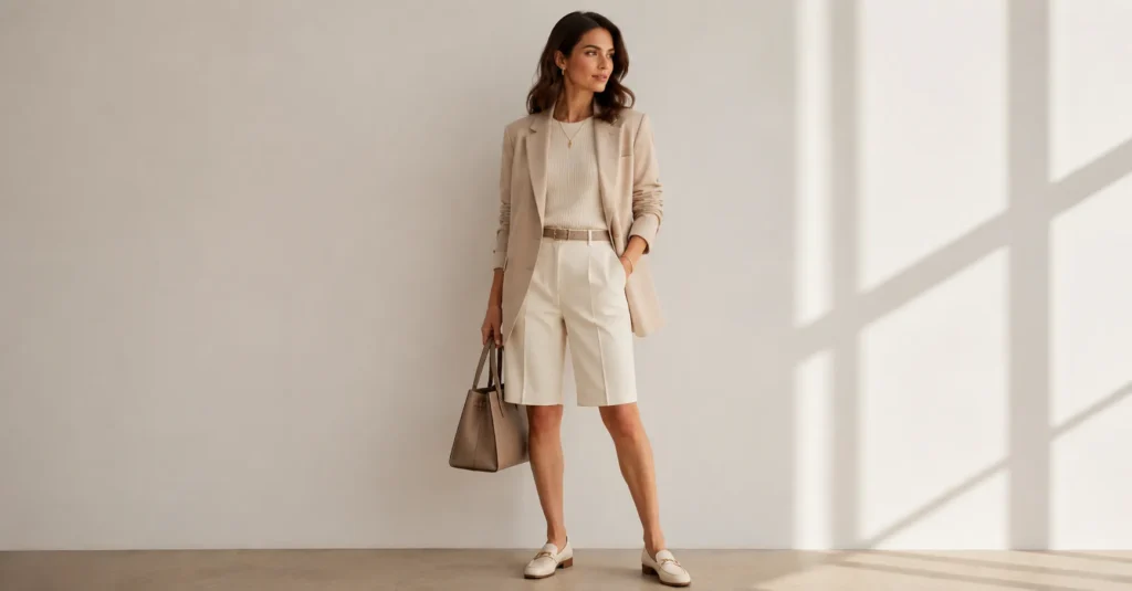 Bermuda Shorts: The Effortless Blend of Comfort and Chic 8 Neutral-colored Bermuda Shorts creating timeless minimalist fashion