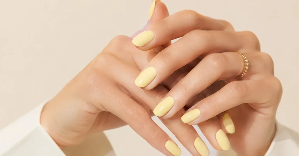 Yellow Nail Colour: Best Bright Nail Designs That Instantly Stand Out 3 Pastel Yellow Nail Colour manicure with soft elegant finish
