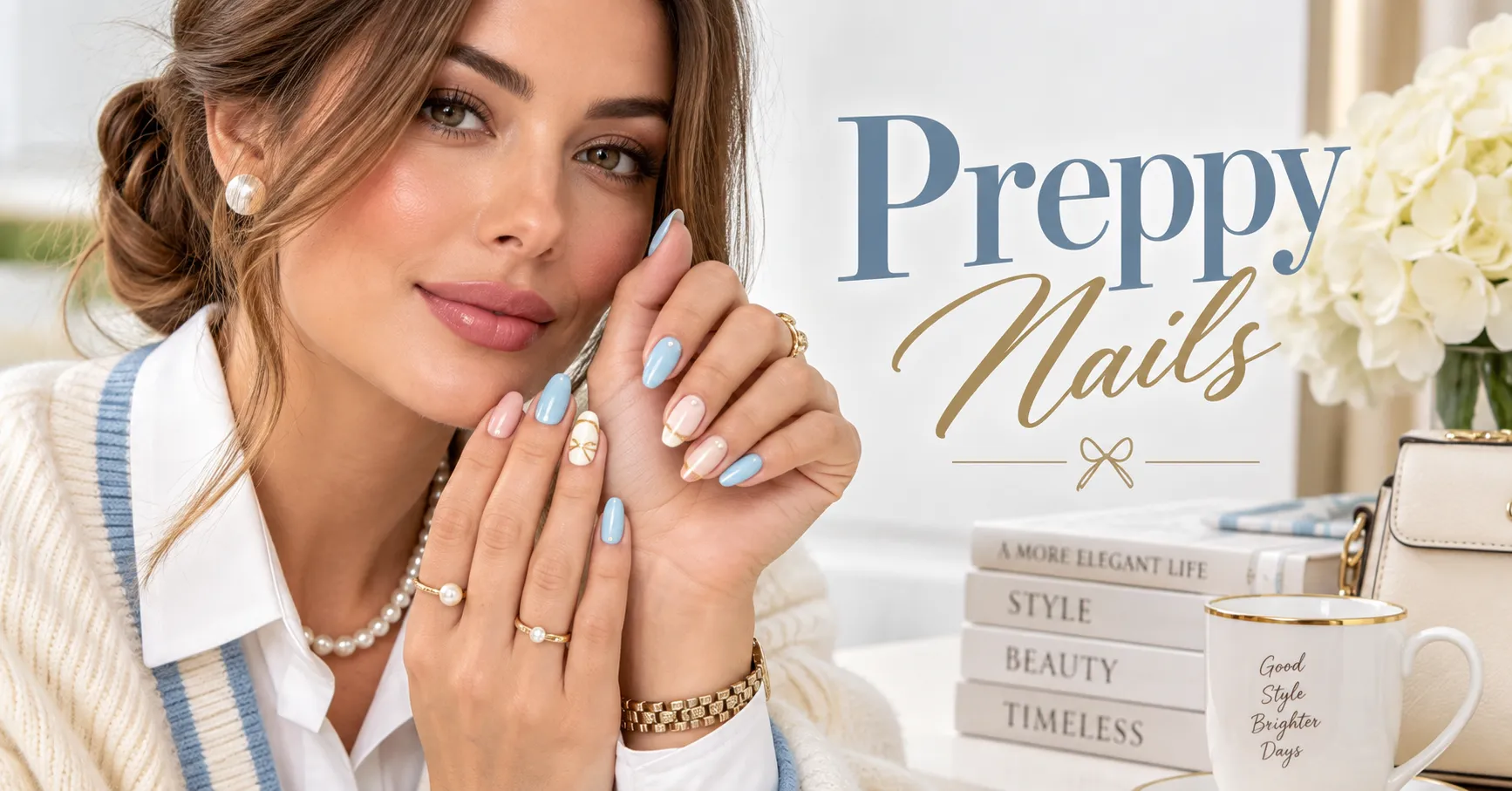 Preppy Nails featuring elegant pastel, pearl, and classic luxury-inspired nail details