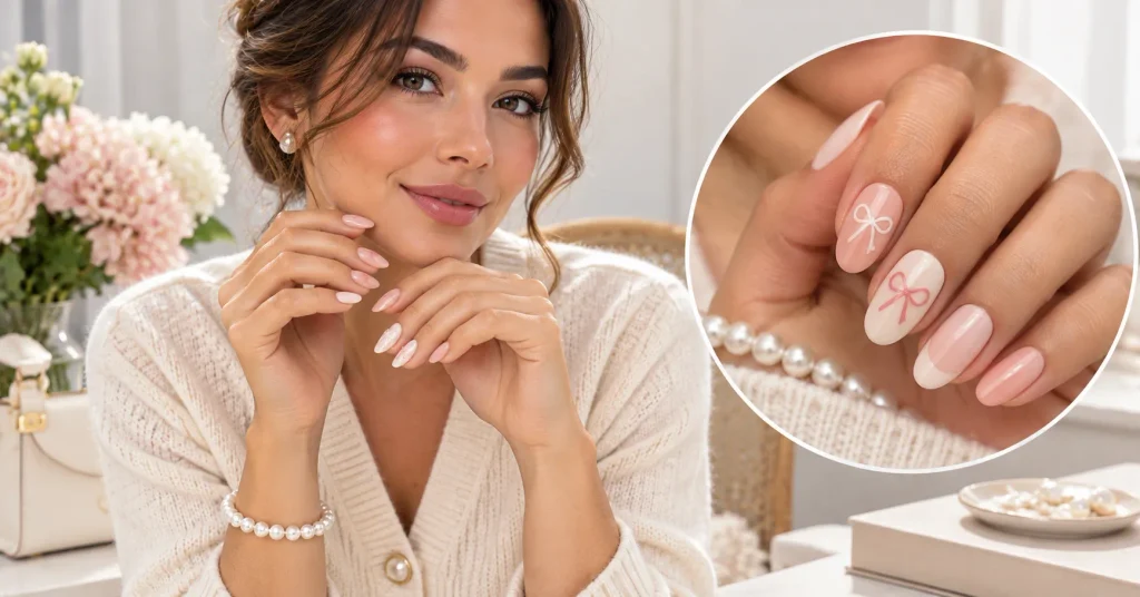 Preppy Nails: 12 Stunning & Gorgeous Ideas to Try 8 Ribbon accent Preppy Nails with delicate pink and white bow details
