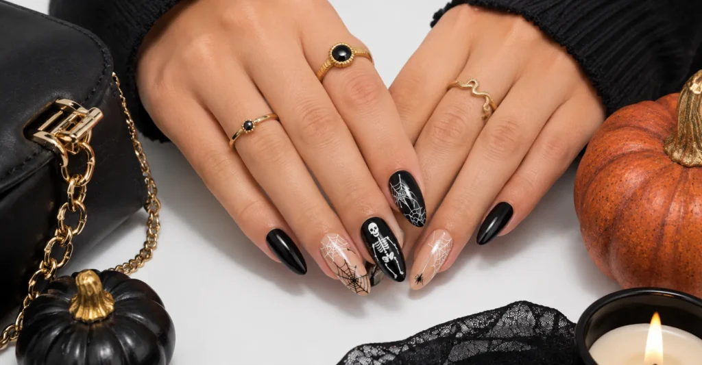 Halloween Nails: The Best Cute, Elegant & Spooky Nail Ideas 8 Skeleton and Spiderweb Halloween Nails with detailed seasonal nail art
