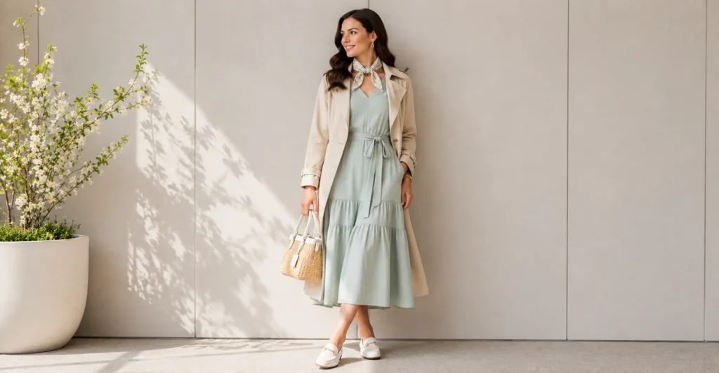 Outfit Ideas: Stylish Looks for Work, Weekends, and Special Events 9 Spring Outfit Ideas featuring pastel fashion, trench coat, and seasonal elegance.