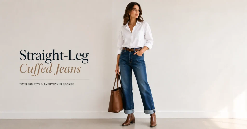 Cuffed Jeans: The Complete Guide to Every Cuff Style and How to Wear Them 4 Straight-Leg Cuffed Jeans outfit styled with ankle boots and white shirt