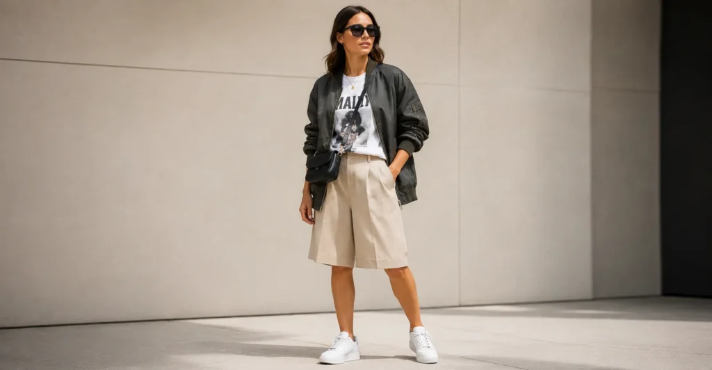 Bermuda Shorts: The Effortless Blend of Comfort and Chic 4 Street style Bermuda Shorts outfit with oversized casual fashion inspiration