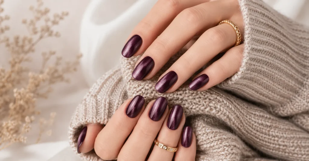 Winter Nail Colors: Shades That Define the Season’s Elegance 11 Velvet Winter Nail Colors with a soft shimmering elegant finish